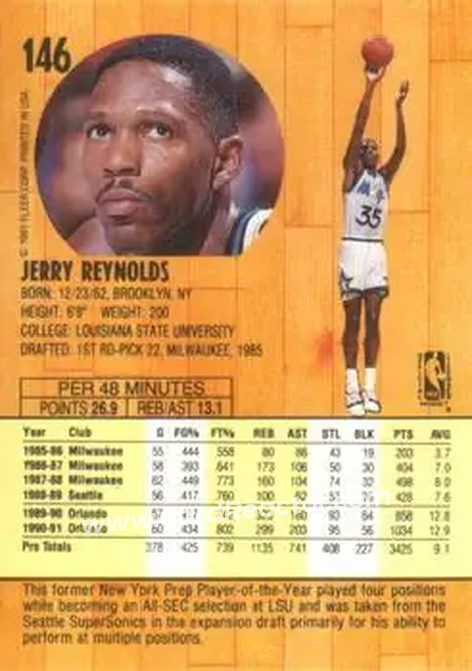 1991-92 Fleer #146 - Jerry Reynolds - Orlando Magic - Back 1991-92 Fleer #146 - Jerry Reynolds - Orlando Magic - Back