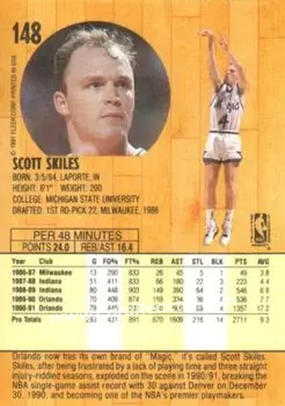 1991-92 Fleer #148 - Scott Skiles - Orlando Magic - Back