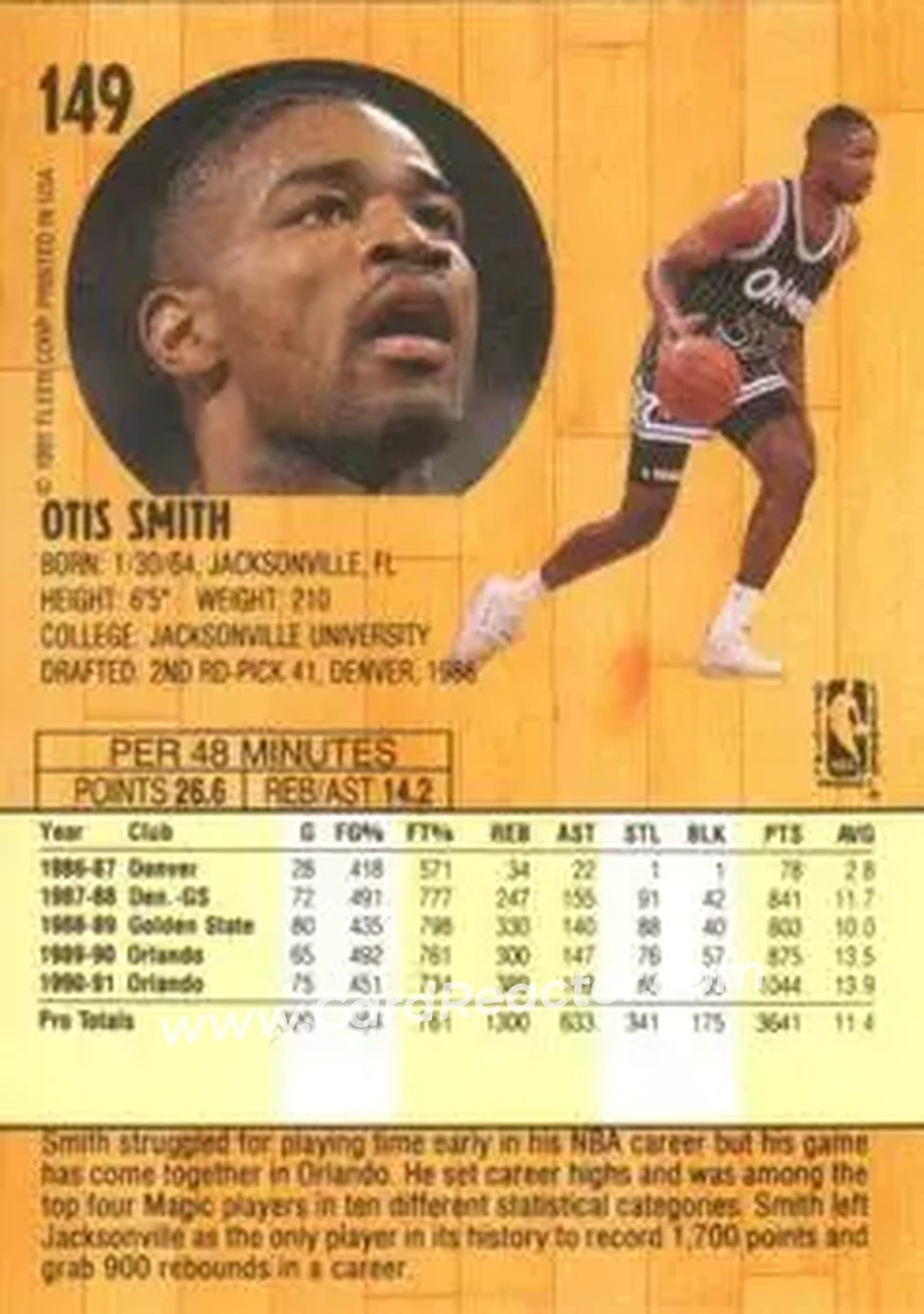 1991-92 Fleer #149 - Otis Smith - Orlando Magic - Back