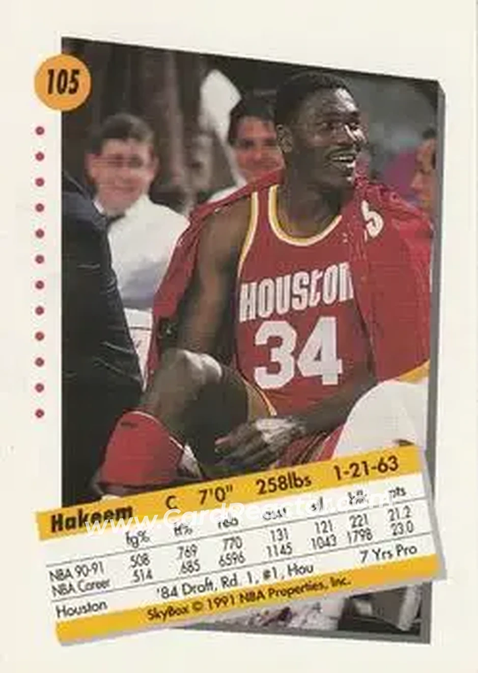 1991-92 SkyBox #105 - Hakeem Olajuwon - Houston Rockets - Back