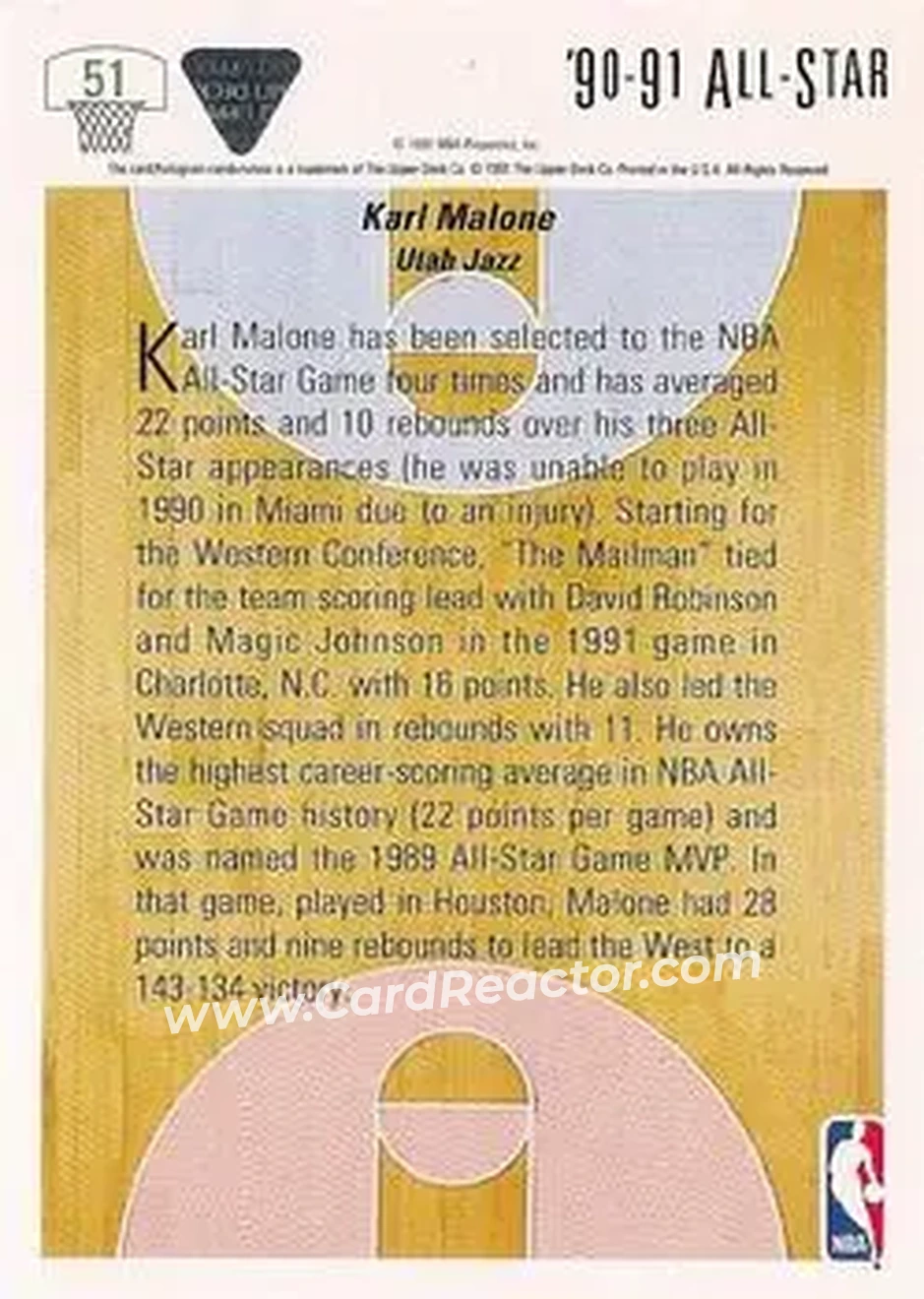1991-92 Upper Deck #51 - Karl Malone - Utah Jazz - Back 1991-92 Upper Deck #51 - Karl Malone - Utah Jazz - Back