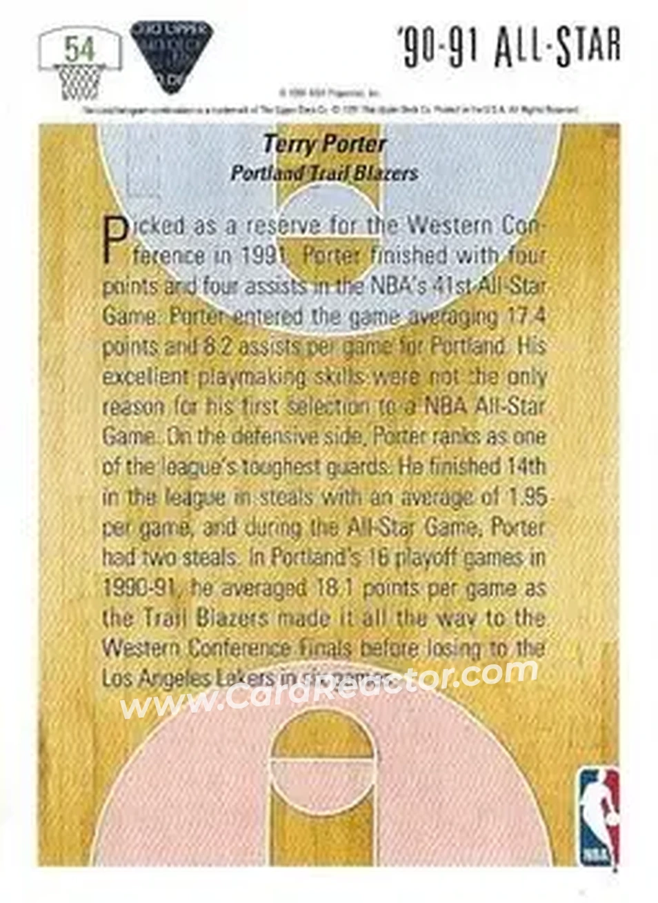 1991-92 Upper Deck #54 - Terry Porter - Portland Trail Blazers - Back