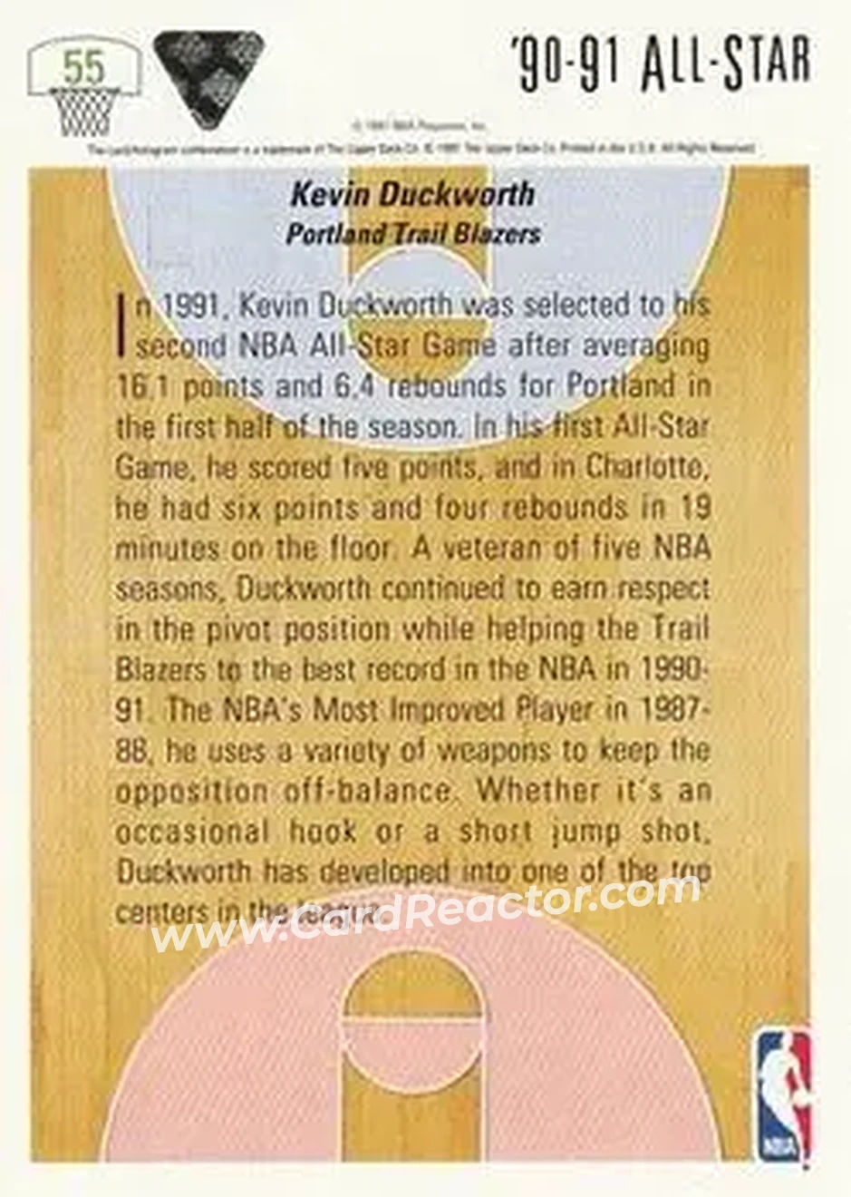 1991-92 Upper Deck #55 - Kevin Duckworth - Portland Trail Blazers - Back