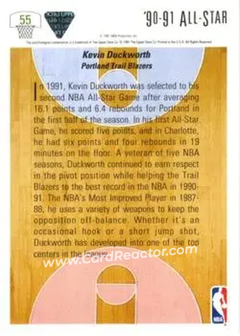 1991-92 Upper Deck #55 - Kevin Duckworth - Portland Trail Blazers - Back