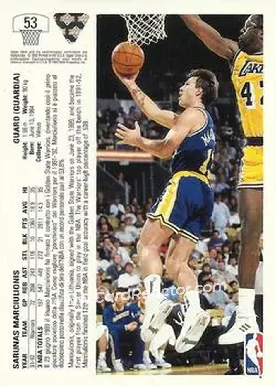 1991-92 Upper Deck Italian #53 - Šarūnas Marčiulionis - Golden State Warriors - Back 1991-92 Upper Deck Italian #53 - Šarūnas Marčiulionis - Golden State Warriors - Back