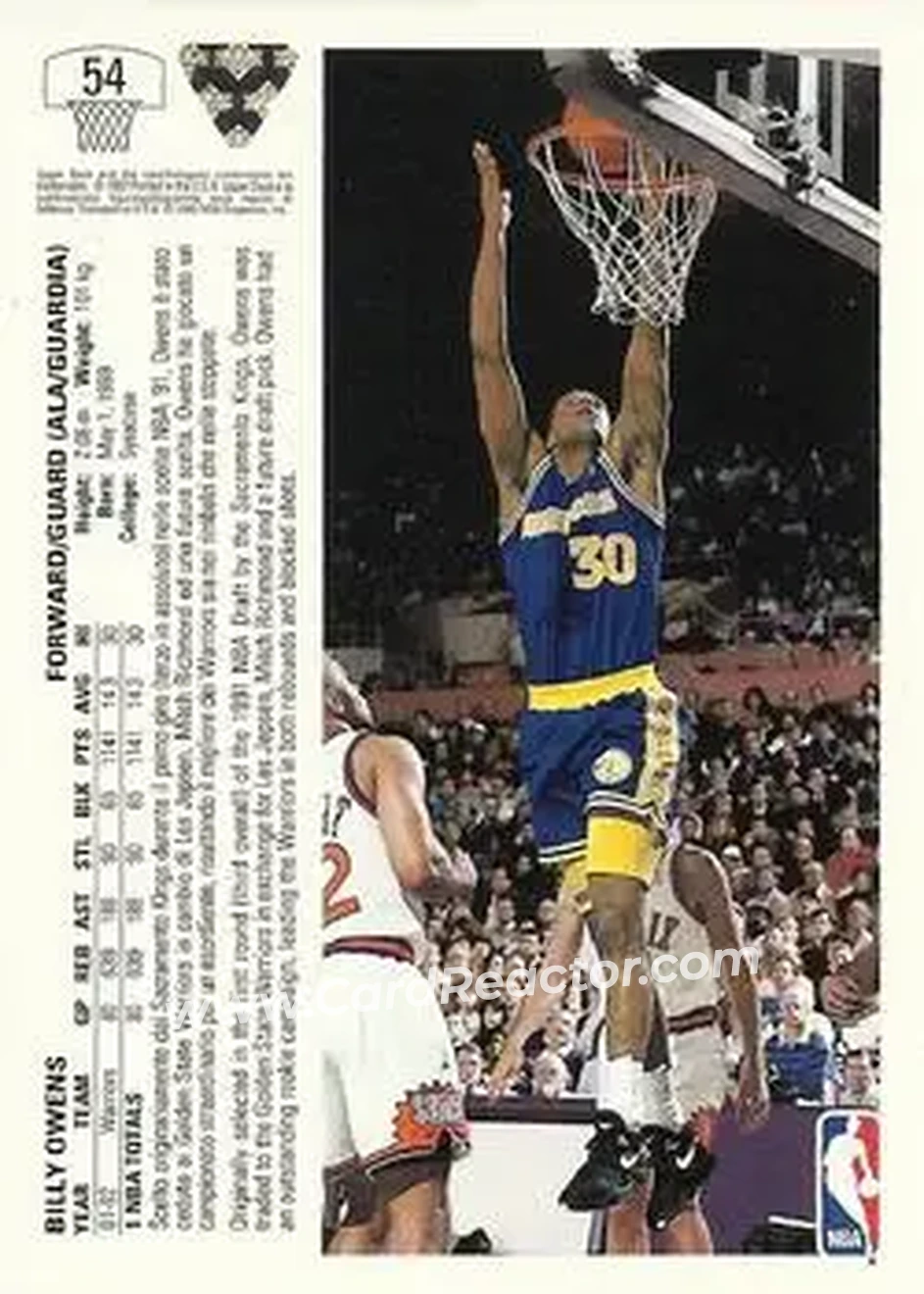 1991-92 Upper Deck Italian #54 - Billy Owens - Golden State Warriors - Back 1991-92 Upper Deck Italian #54 - Billy Owens - Golden State Warriors - Back