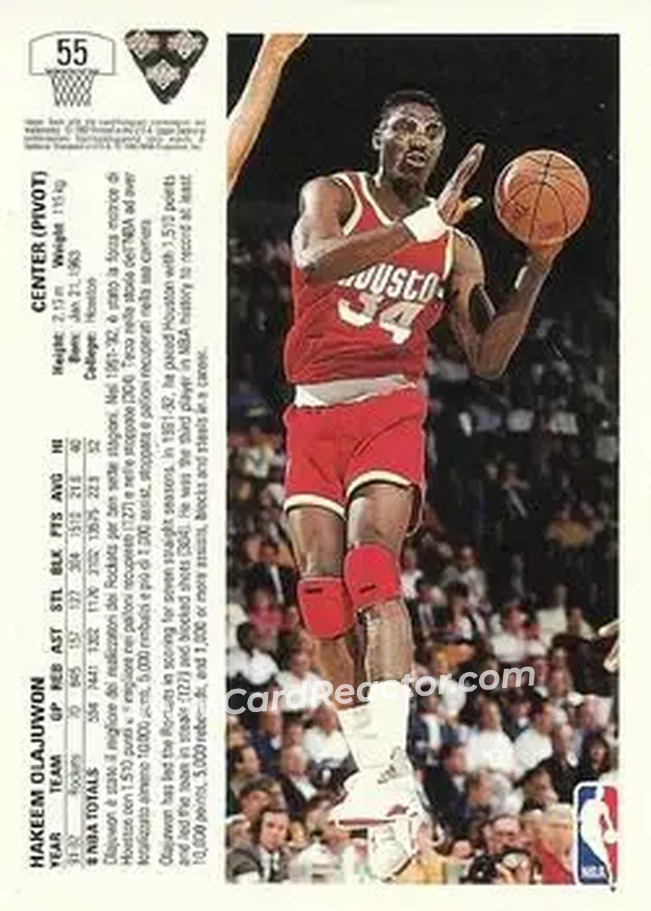 1991-92 Upper Deck Italian #55 - Hakeem Olajuwon - Houston Rockets - Back 1991-92 Upper Deck Italian #55 - Hakeem Olajuwon - Houston Rockets - Back