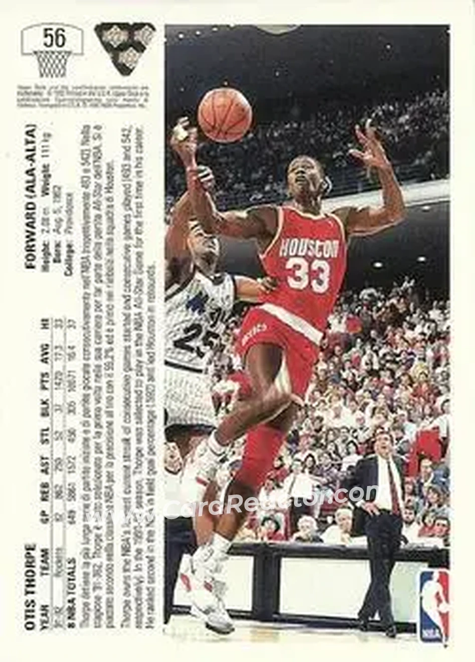 1991-92 Upper Deck Italian #56 - Otis Thorpe - Houston Rockets - Back 1991-92 Upper Deck Italian #56 - Otis Thorpe - Houston Rockets - Back