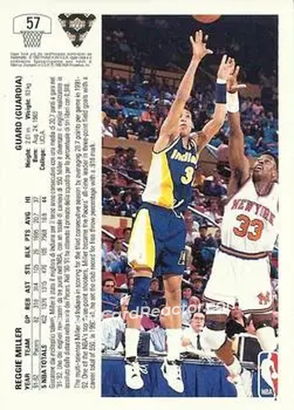 1991-92 Upper Deck Italian #57 - Reggie Miller - Indiana Pacers - Back 1991-92 Upper Deck Italian #57 - Reggie Miller - Indiana Pacers - Back