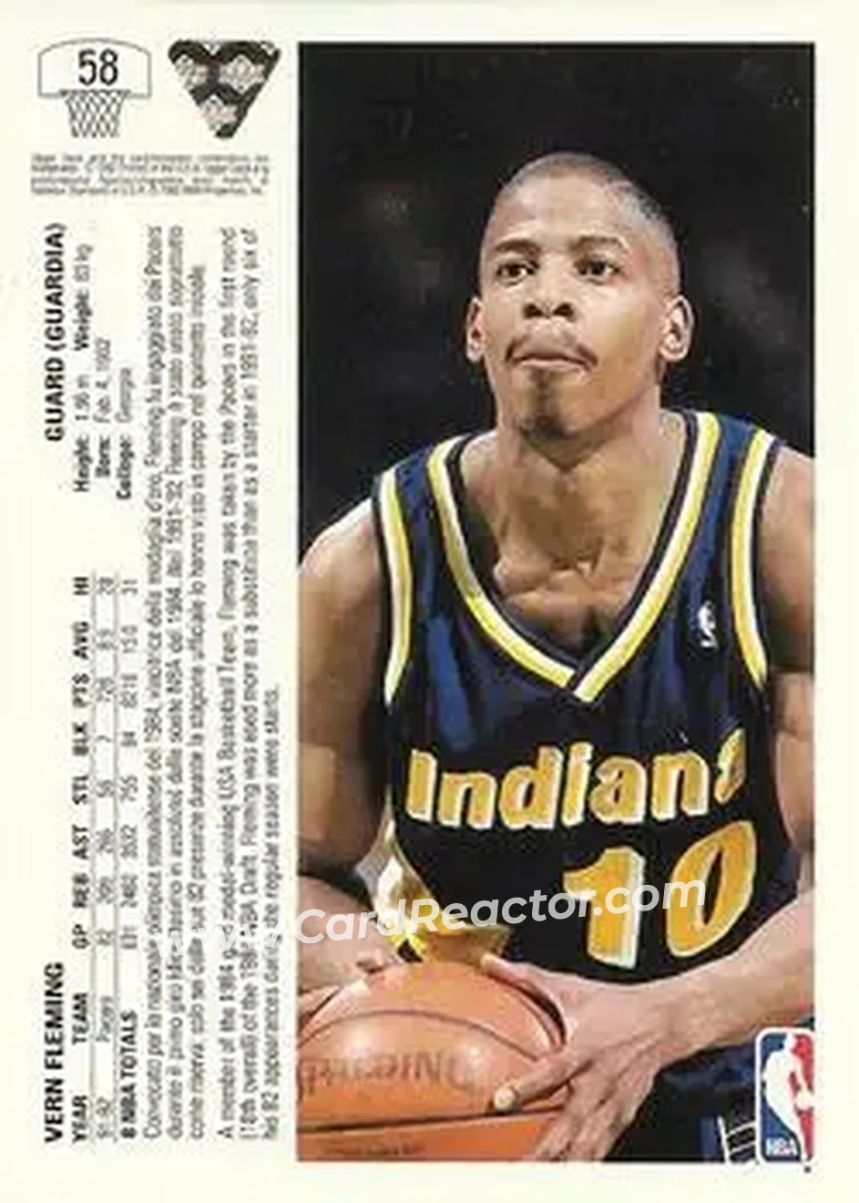 1991-92 Upper Deck Italian #58 - Vern Fleming - Indiana Pacers - Back