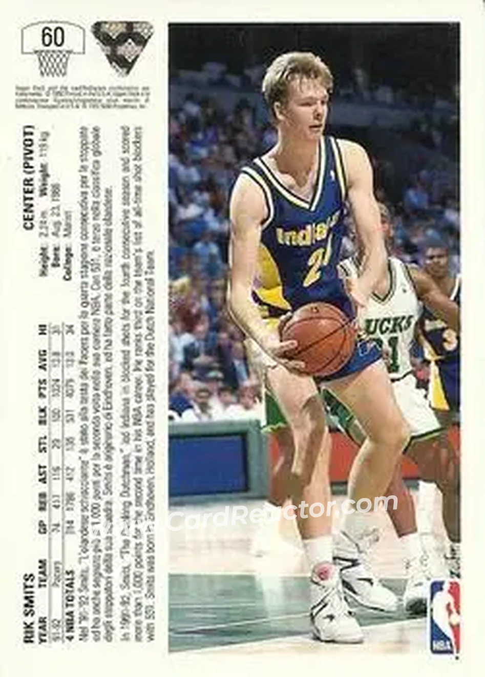1991-92 Upper Deck Italian #60 - Rik Smits - Indiana Pacers - Back 1991-92 Upper Deck Italian #60 - Rik Smits - Indiana Pacers - Back