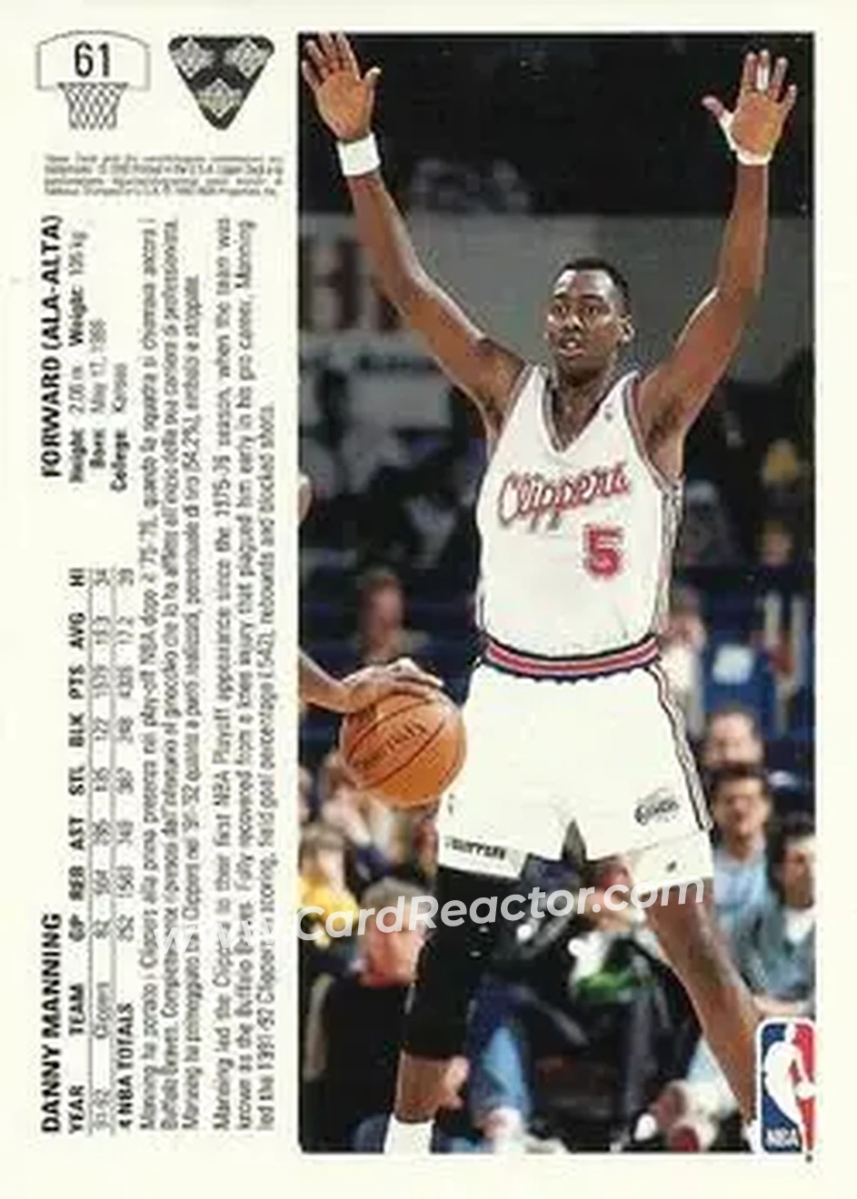 1991-92 Upper Deck Italian #61 - Danny Manning - Los Angeles Clippers - Back 1991-92 Upper Deck Italian #61 - Danny Manning - Los Angeles Clippers - Back