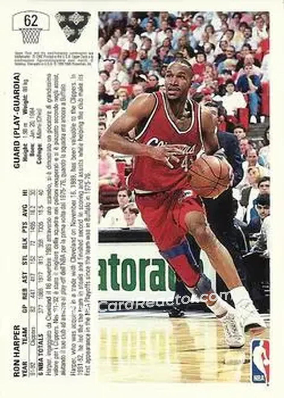 1991-92 Upper Deck Italian #62 - Ron Harper - Los Angeles Clippers - Back