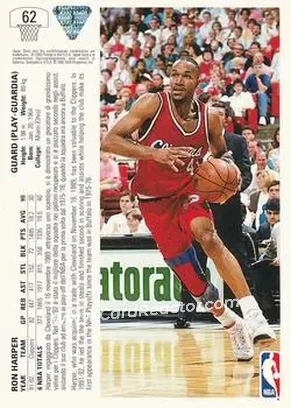 1991-92 Upper Deck Italian #62 - Ron Harper - Los Angeles Clippers - Back