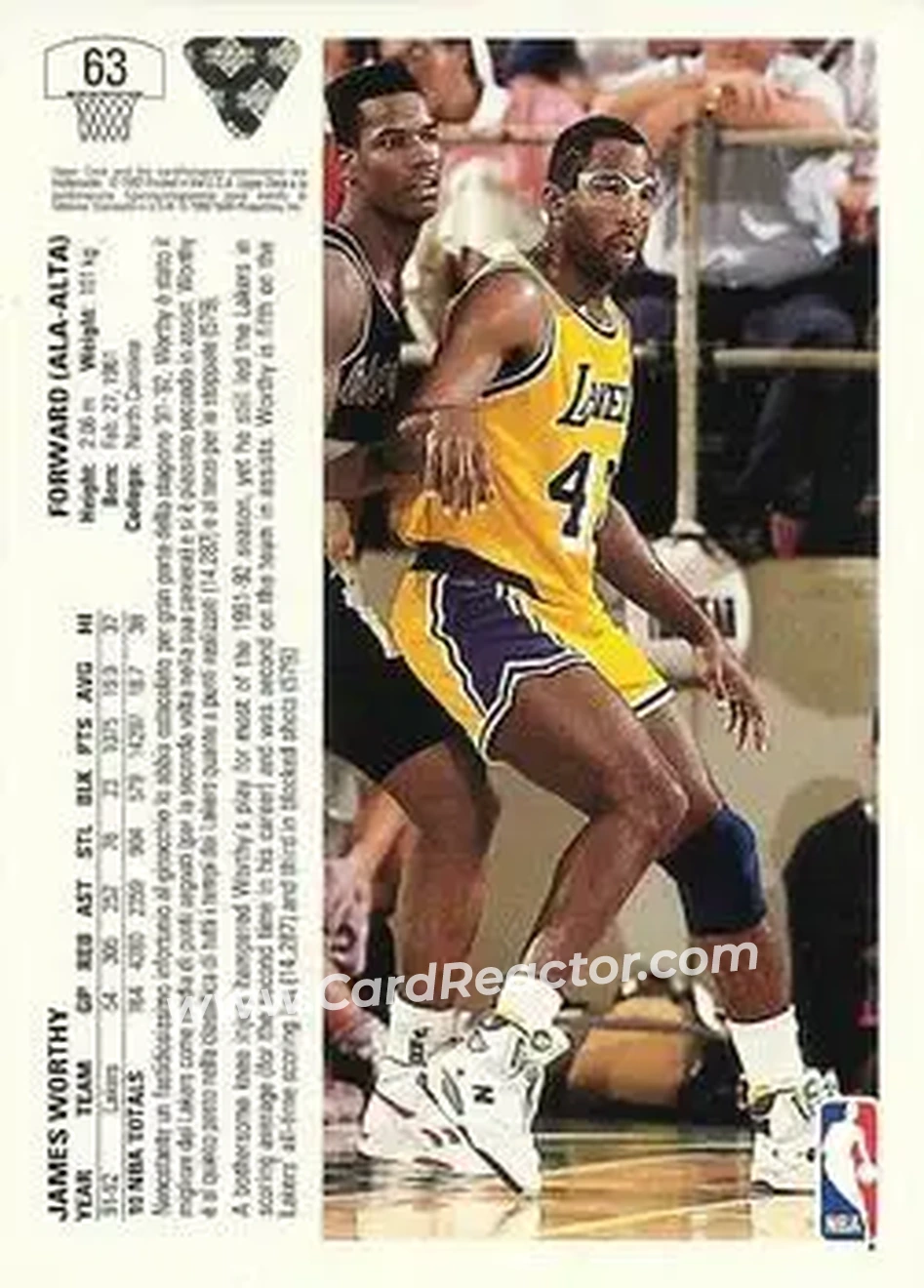 1991-92 Upper Deck Italian #63 - James Worthy - Los Angeles Lakers - Back 1991-92 Upper Deck Italian #63 - James Worthy - Los Angeles Lakers - Back