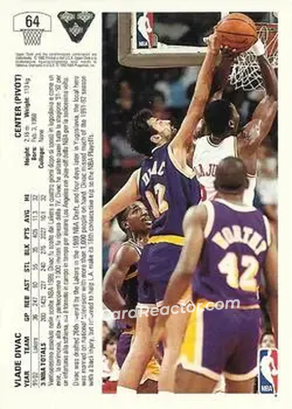 1991-92 Upper Deck Italian #64 - Vlade Divac - Los Angeles Lakers - Back