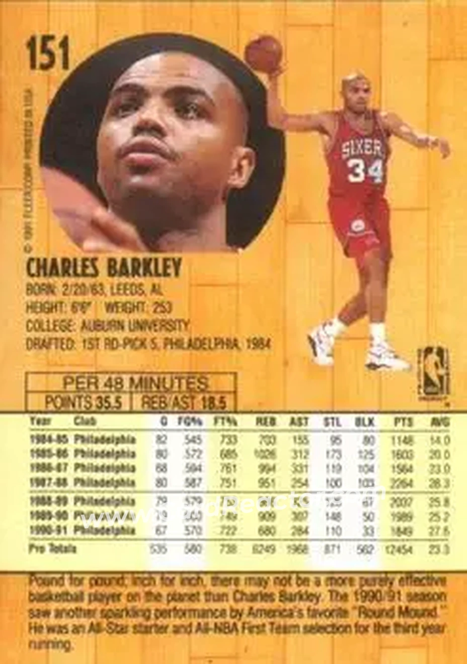 1991-92 Fleer #151 - Charles Barkley - Philadelphia 76ers - Back