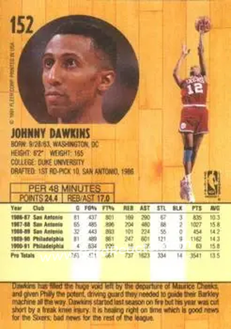 1991-92 Fleer #152 - Johnny Dawkins - Philadelphia 76ers - Back