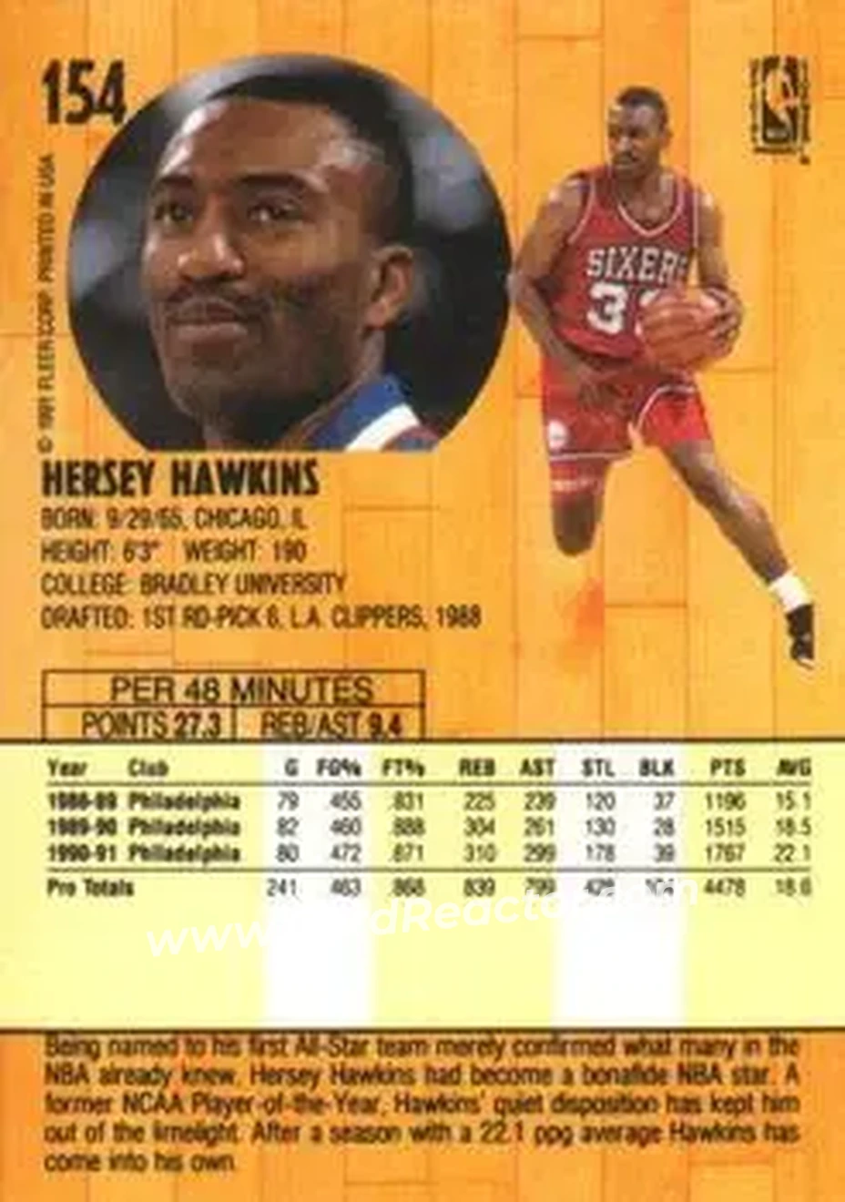 1991-92 Fleer #154 - Hersey Hawkins - Philadelphia 76ers - Back