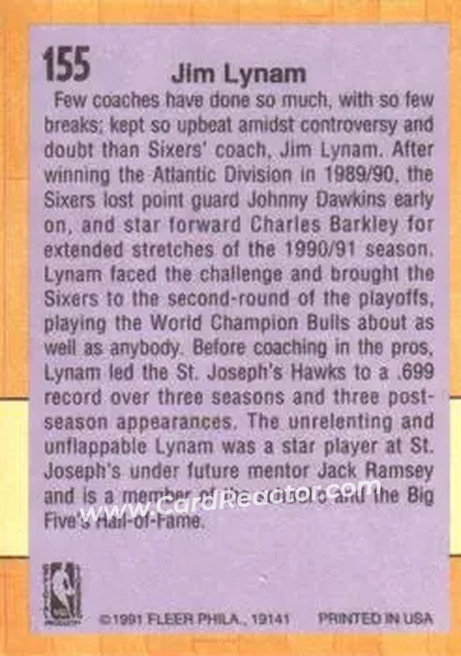 1991-92 Fleer #155 - Jim Lynam - Philadelphia 76ers - Back