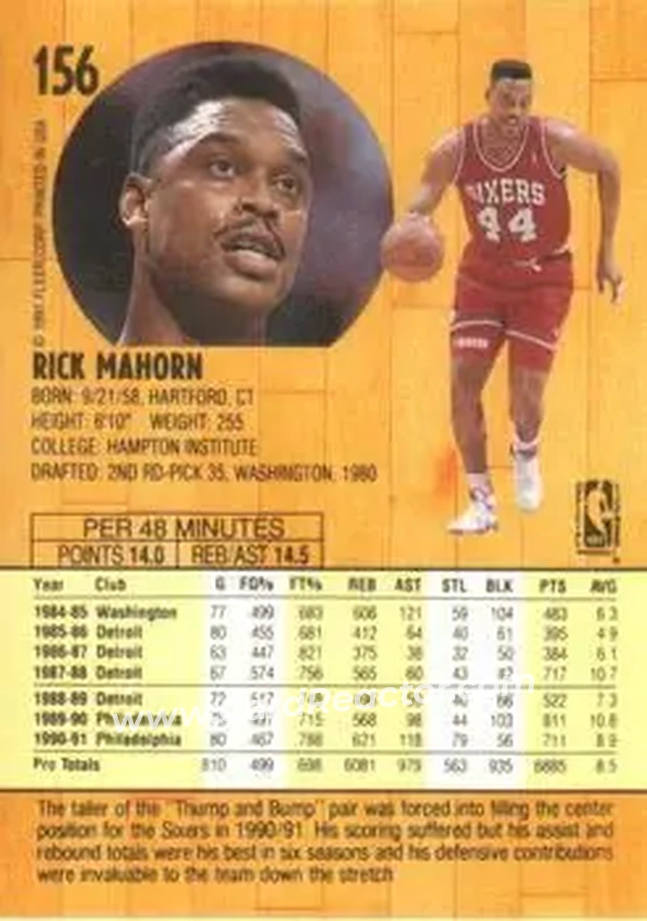 1991-92 Fleer #156 - Rick Mahorn - Philadelphia 76ers - Back