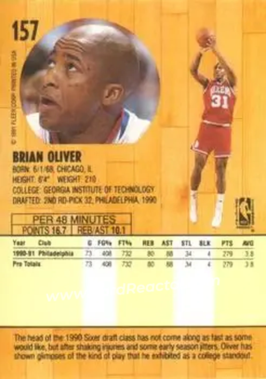 1991-92 Fleer #157 - Brian Oliver - Philadelphia 76ers - Back