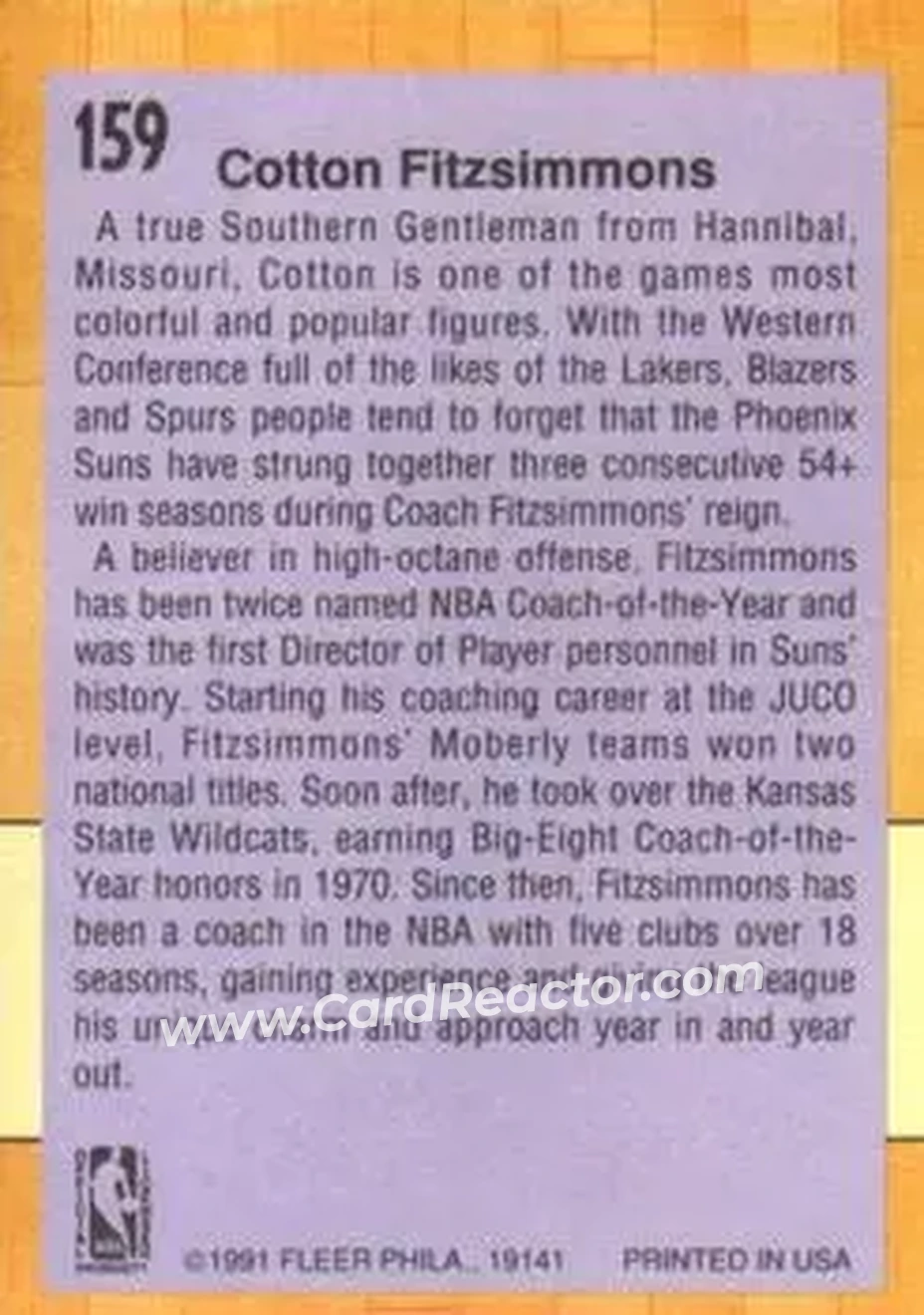 1991-92 Fleer #159 - Cotton Fitzsimmons - Phoenix Suns - Back