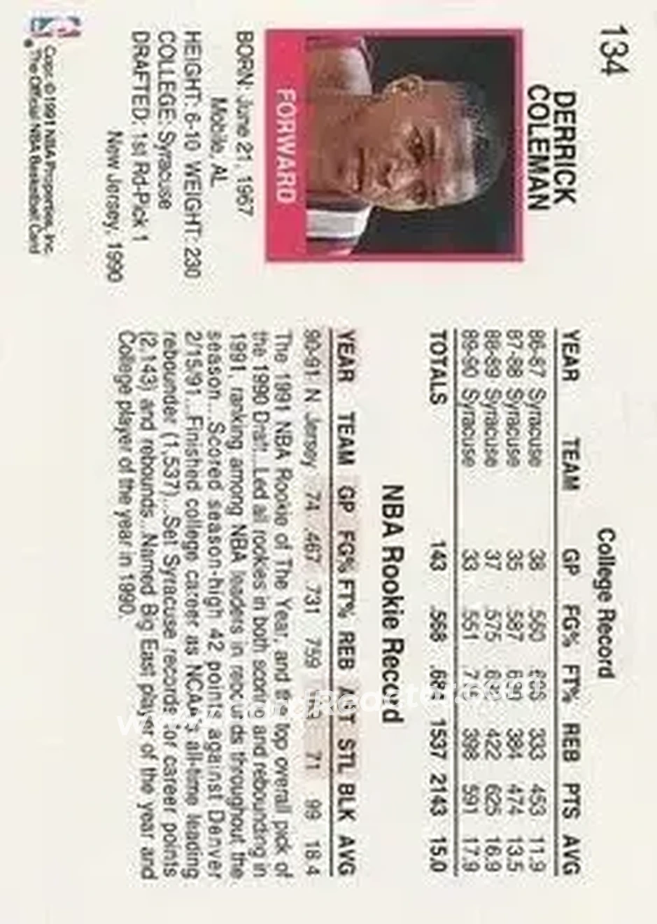 1991-92 Hoops #134 - Derrick Coleman - New Jersey Nets - Back