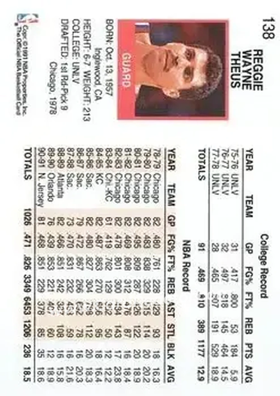 1991-92 Hoops #138 - Reggie Theus - New Jersey Nets - Back