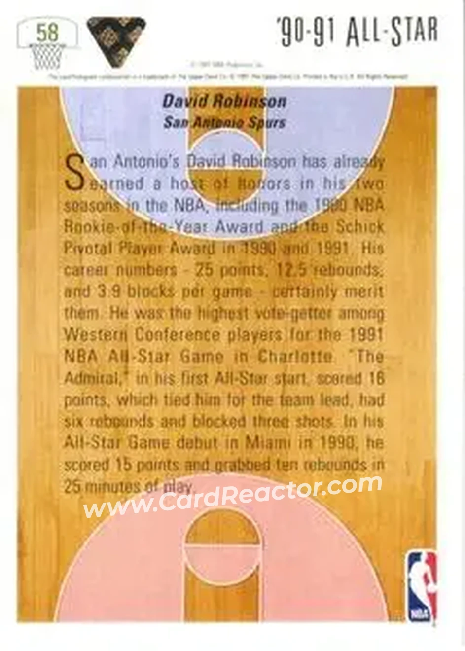 1991-92 Upper Deck #58 - David Robinson - San Antonio Spurs - Back