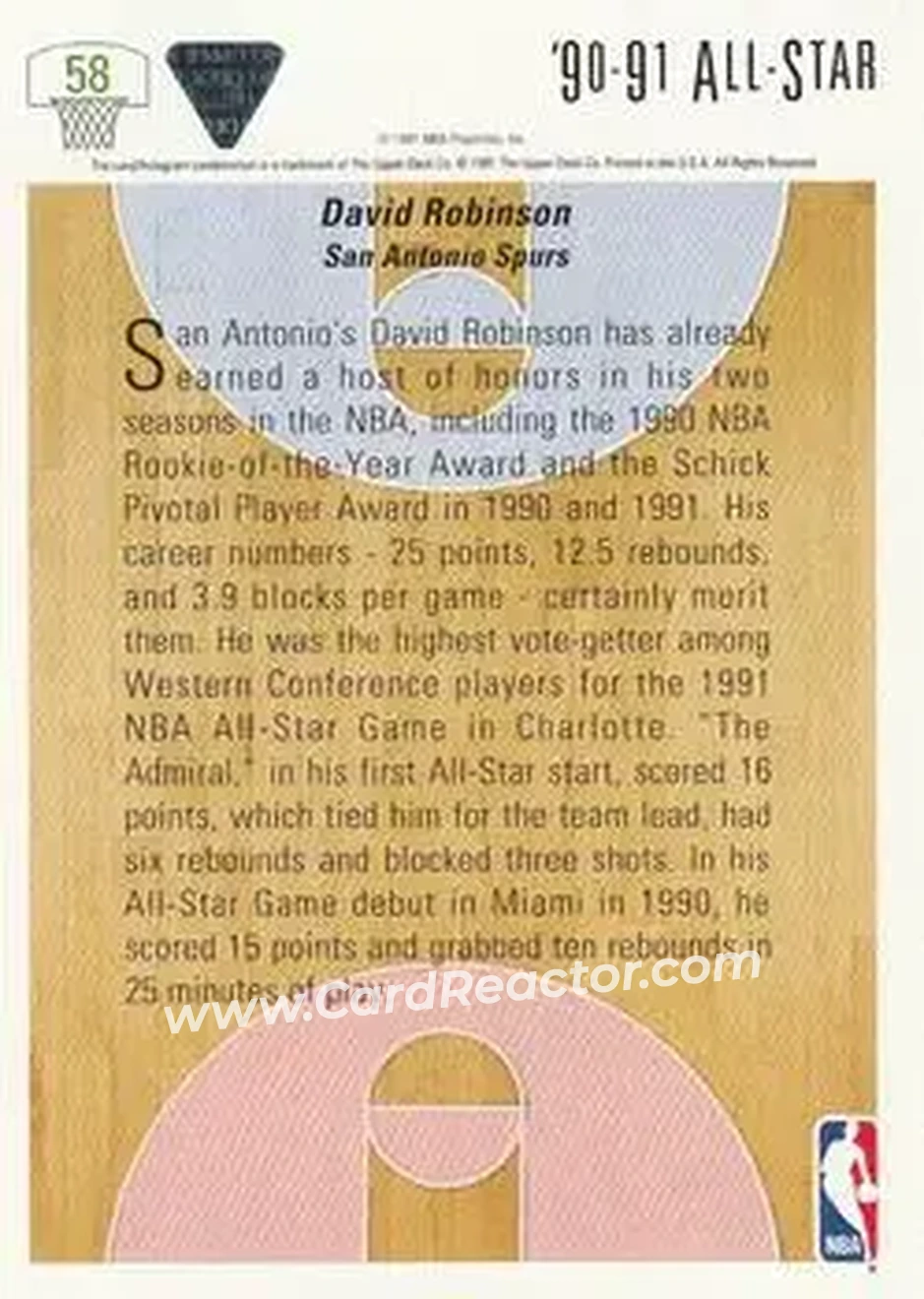 1991-92 Upper Deck #58 - David Robinson - San Antonio Spurs - Back