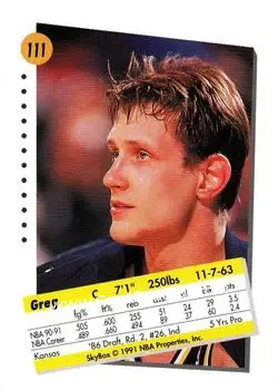 1991-92 SkyBox #111 - Greg Dreiling - Indiana Pacers - Back
