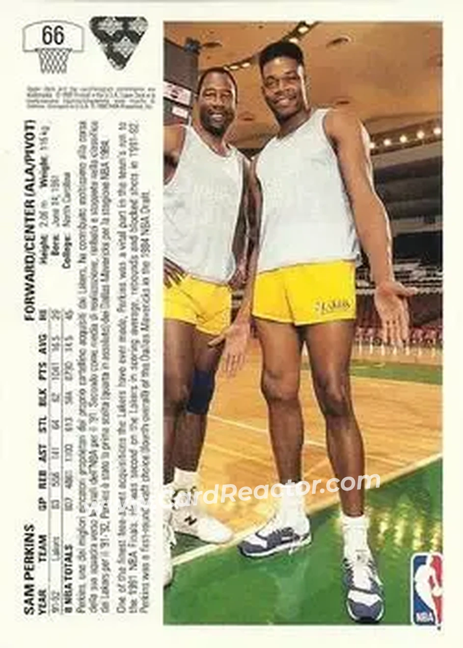 1991-92 Upper Deck Italian #66 - Sam Perkins - Los Angeles Lakers - Back 1991-92 Upper Deck Italian #66 - Sam Perkins - Los Angeles Lakers - Back