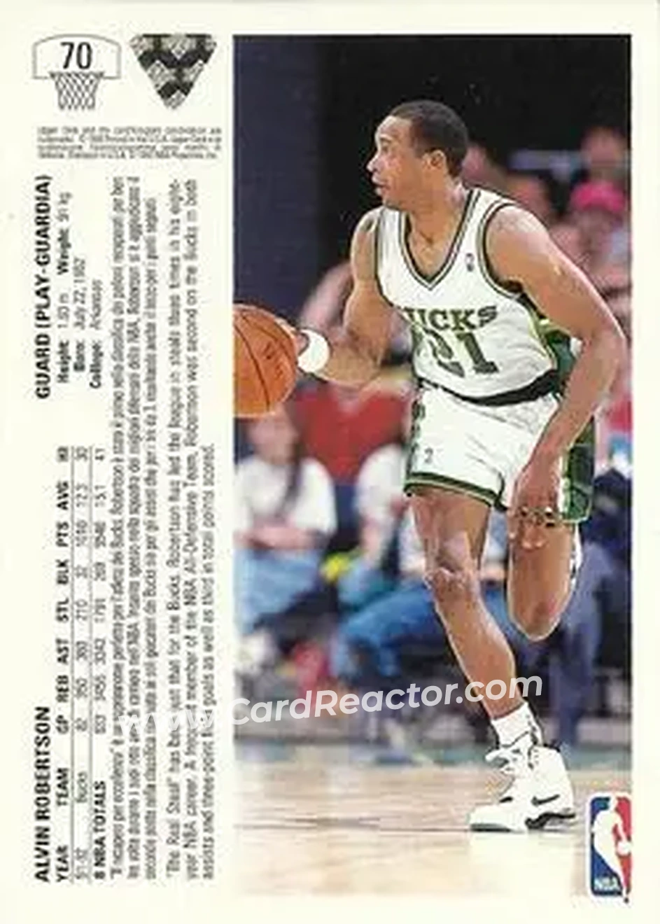 1991-92 Upper Deck Italian #70 - Alvin Robertson - Milwaukee Bucks - Back