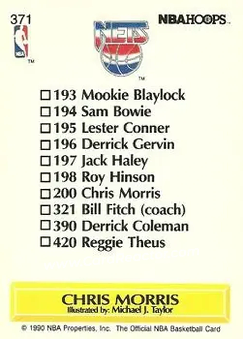 1990-91 Hoops #371 - Chris Morris - New Jersey Nets - Back