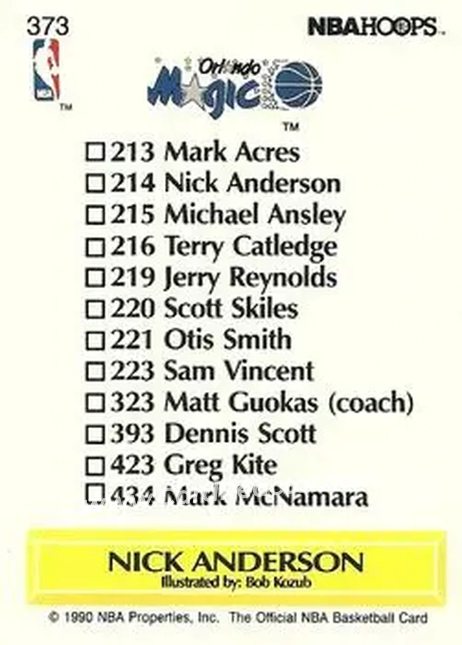 1990-91 Hoops #373 - Nick Anderson - Orlando Magic - Back