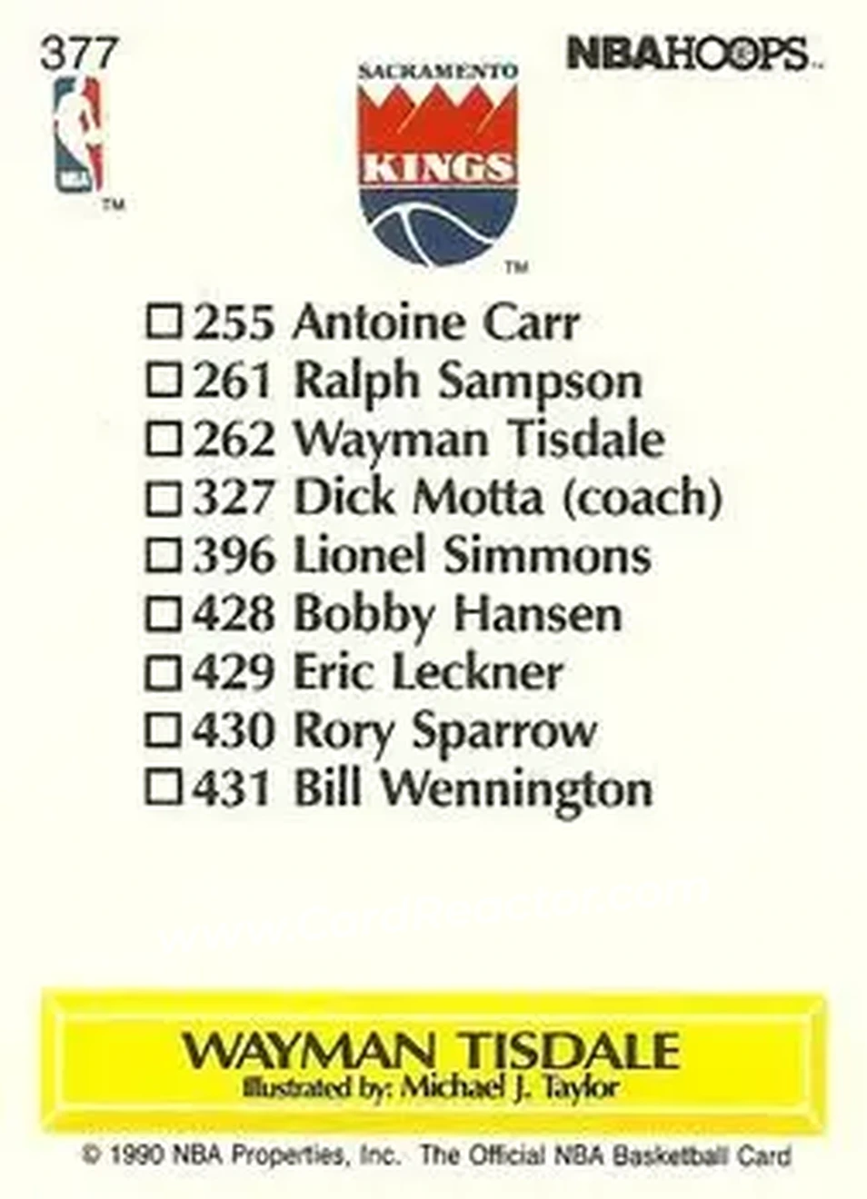 1990-91 Hoops #377 - Wayman Tisdale - Sacramento Kings - Back 1990-91 Hoops #377 - Wayman Tisdale - Sacramento Kings - Back