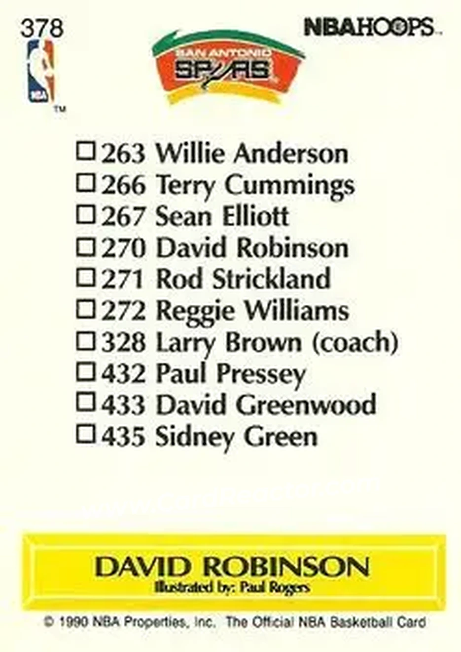 1990-91 Hoops #378 - David Robinson - San Antonio Spurs - Back