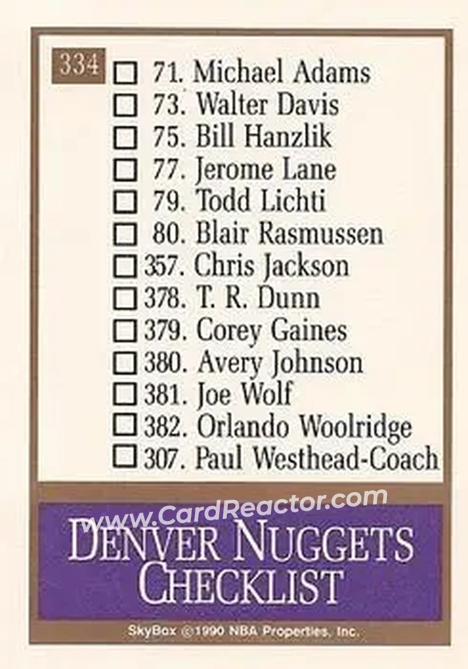 1990-91 SkyBox #334 - Card #334 - Denver Nuggets - Back