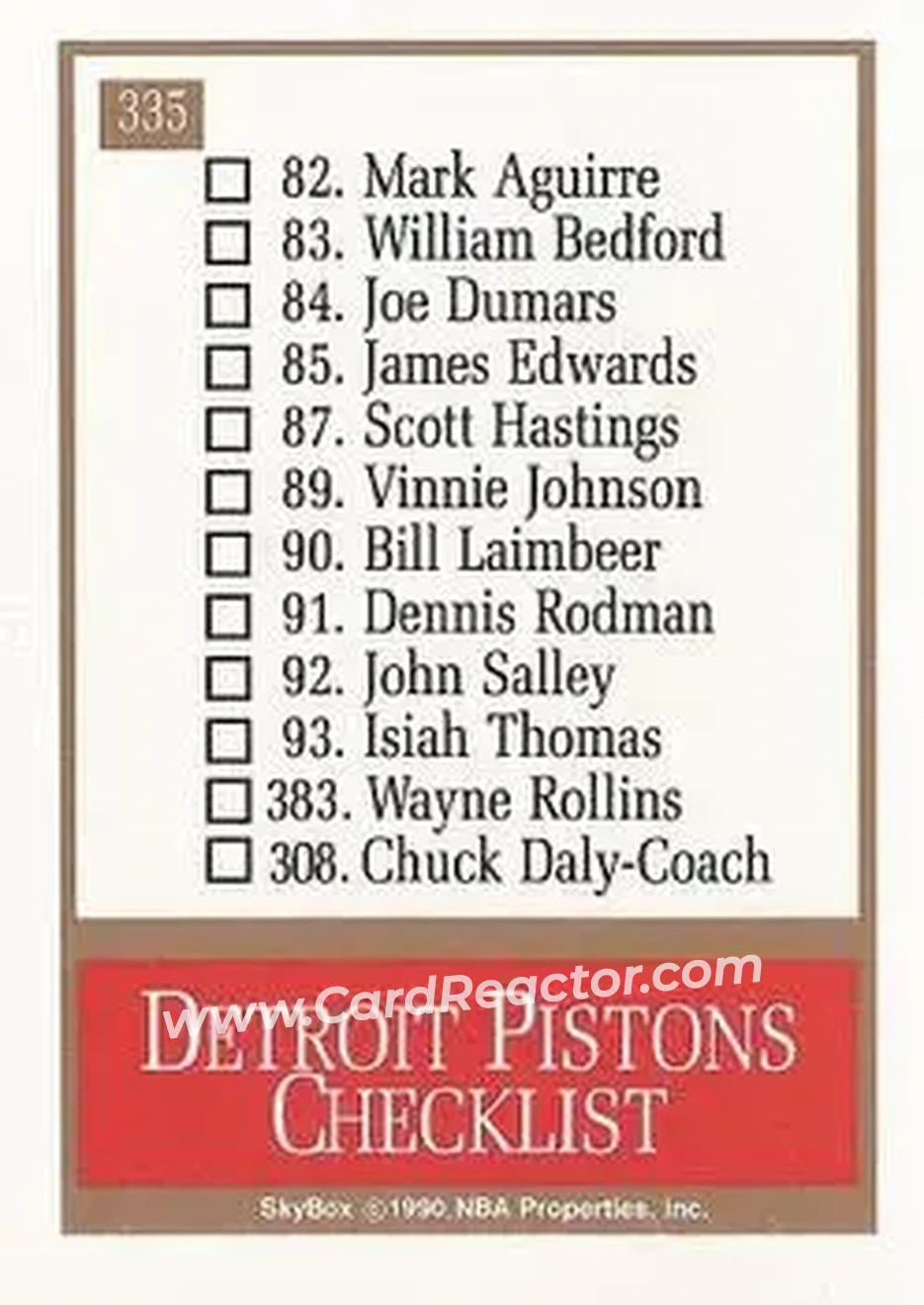 1990-91 SkyBox #335 - Card #335 - Detroit Pistons - Back