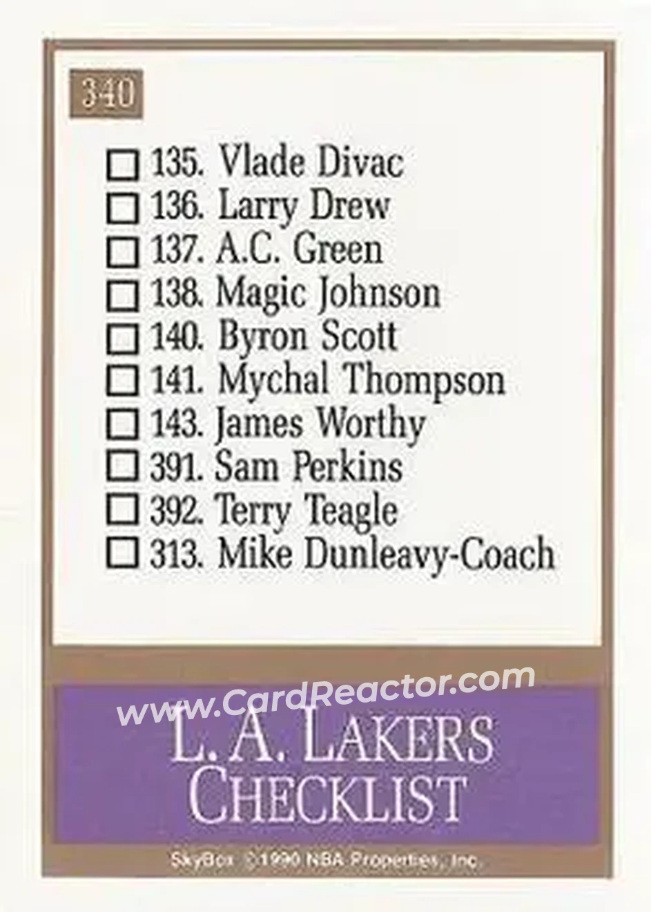 1990-91 SkyBox #340 - Card #340 - Los Angeles Lakers - Back