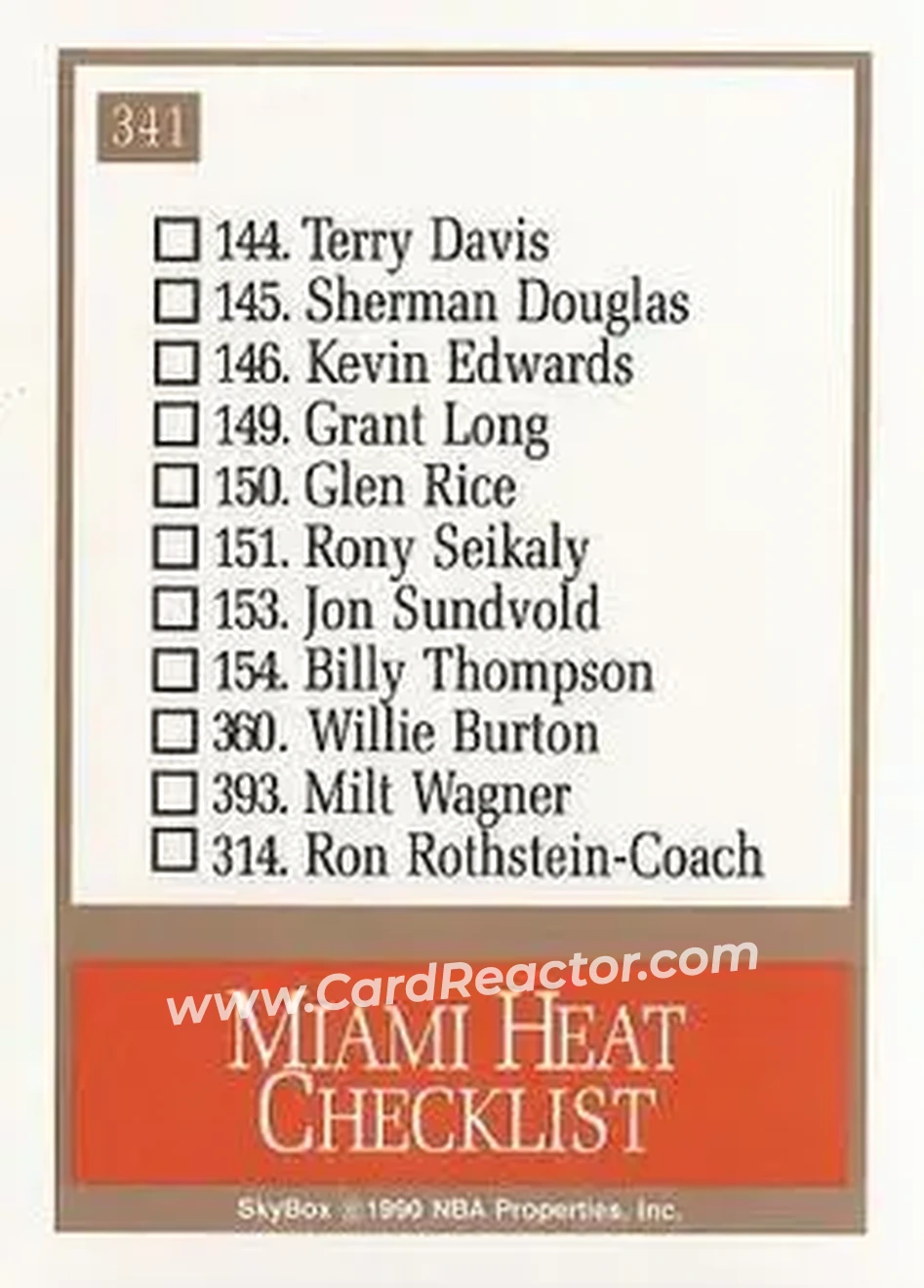 1990-91 SkyBox #341 - Card #341 - Miami Heat - Back