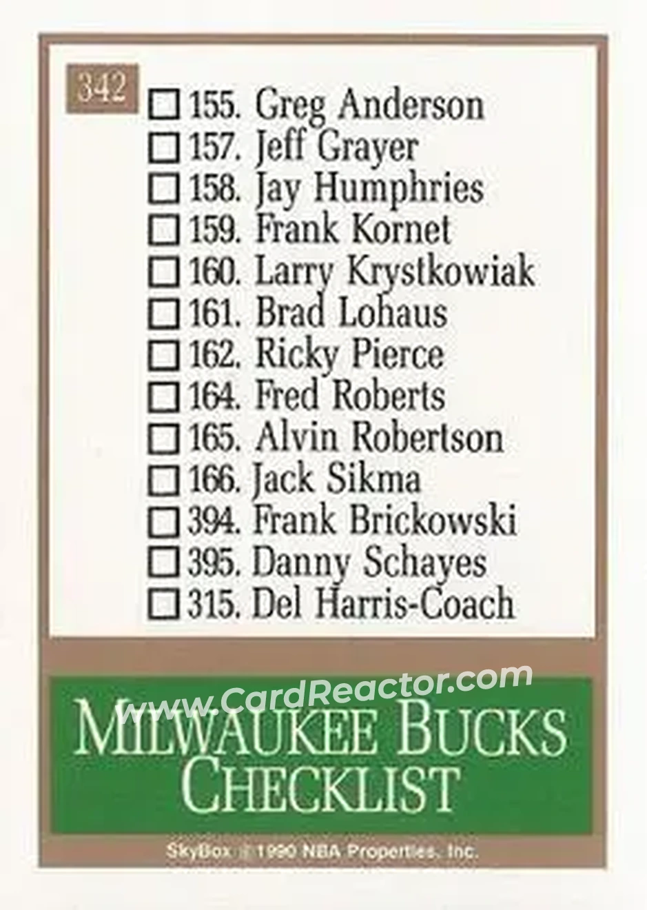 1990-91 SkyBox #342 - Card #342 - Milwaukee Bucks - Back
