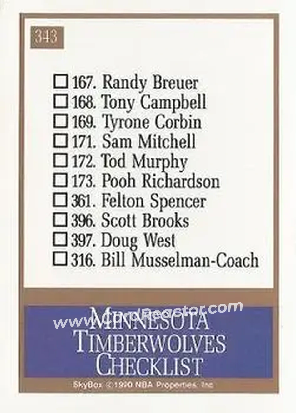 1990-91 SkyBox #343 - Card #343 - Minnesota Timberwolves - Back