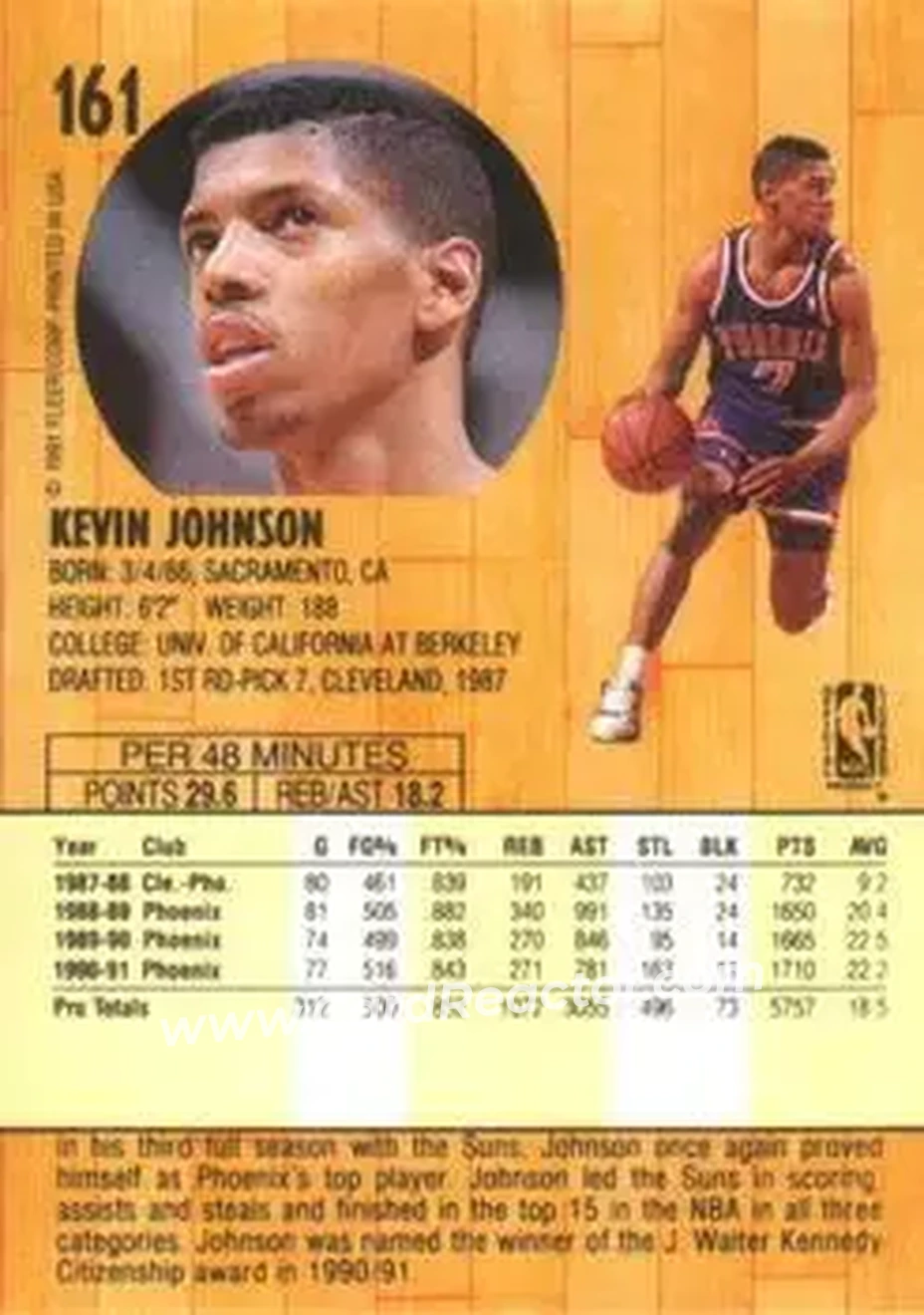 1991-92 Fleer #161 - Kevin Johnson - Phoenix Suns - Back