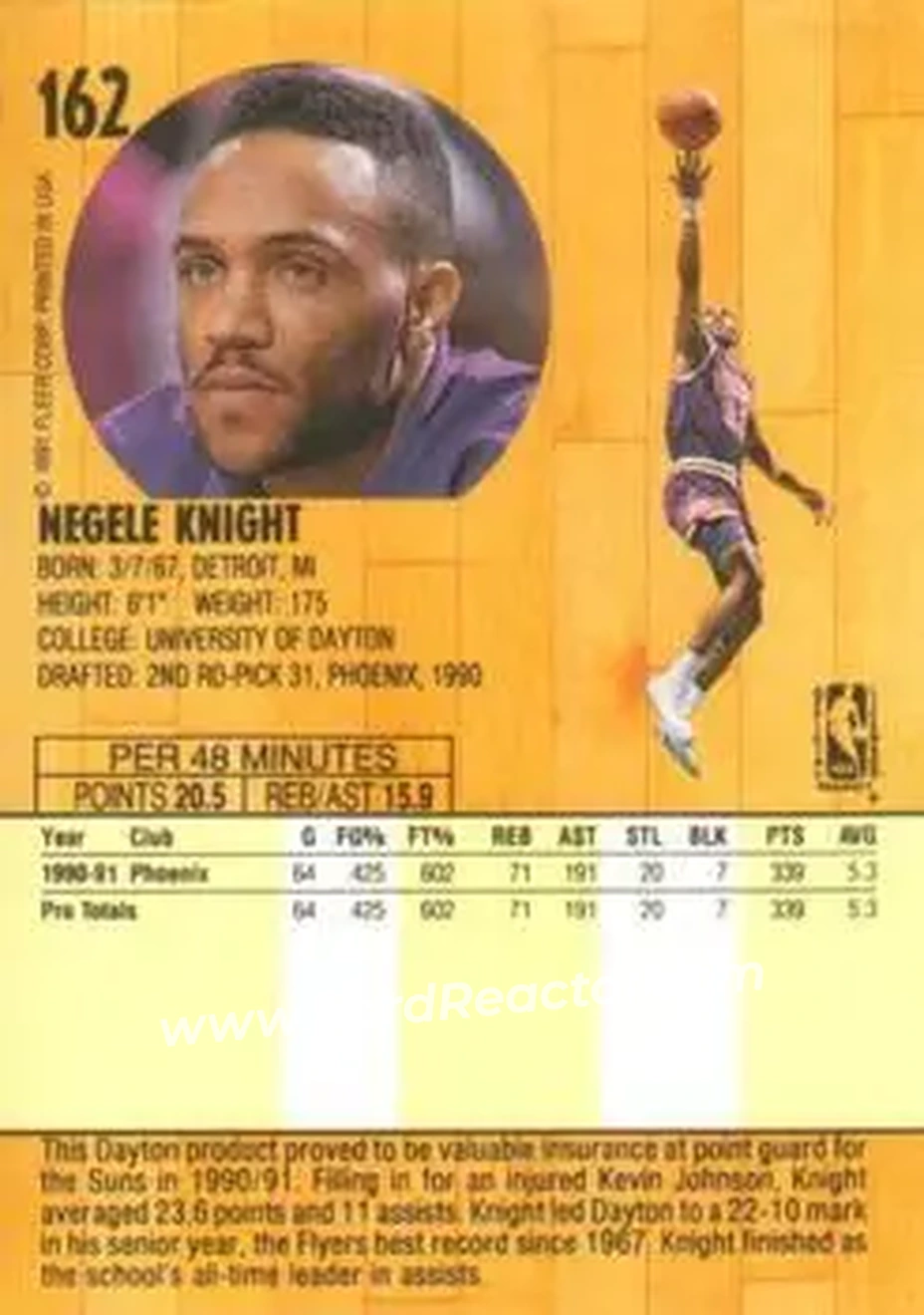 1991-92 Fleer #162 - Negele Knight - Phoenix Suns - Back