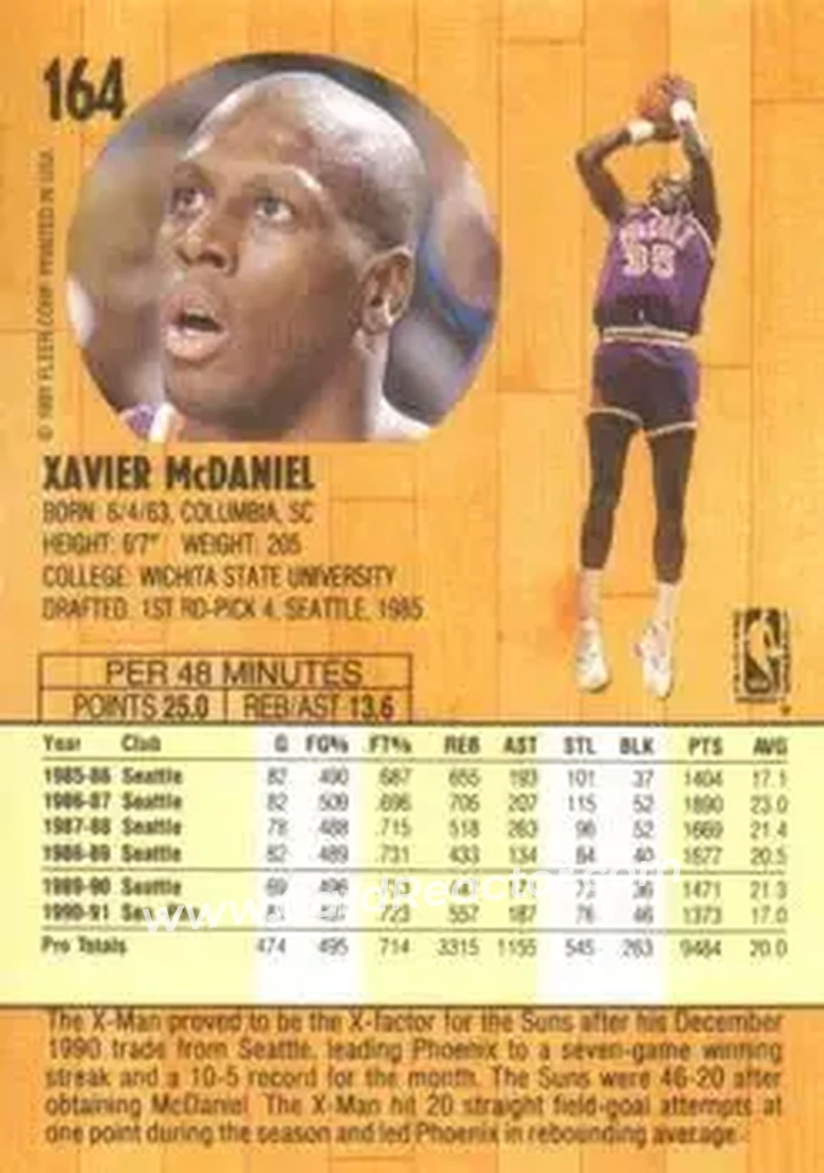 1991-92 Fleer #164 - Xavier McDaniel - Phoenix Suns - Back