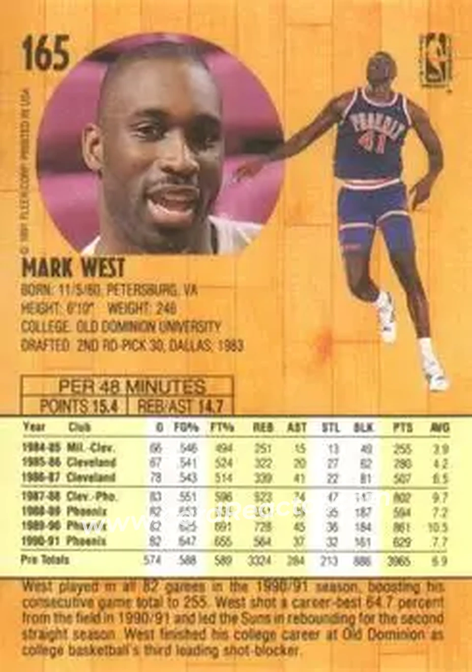 1991-92 Fleer #165 - Mark West - Phoenix Suns - Back