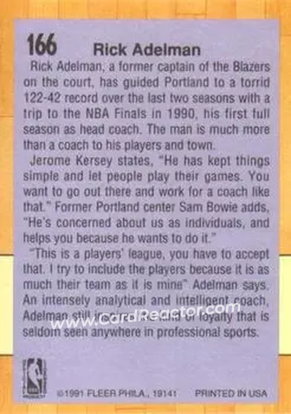 1991-92 Fleer #166 - Rick Adelman - Portland Trail Blazers - Back