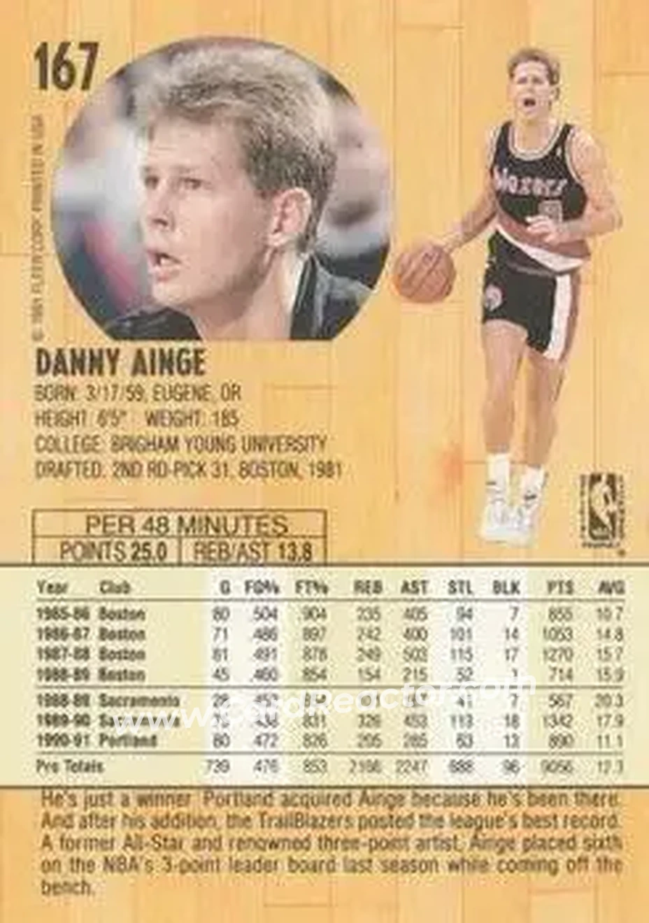 1991-92 Fleer #167 - Danny Ainge - Portland Trail Blazers - Back